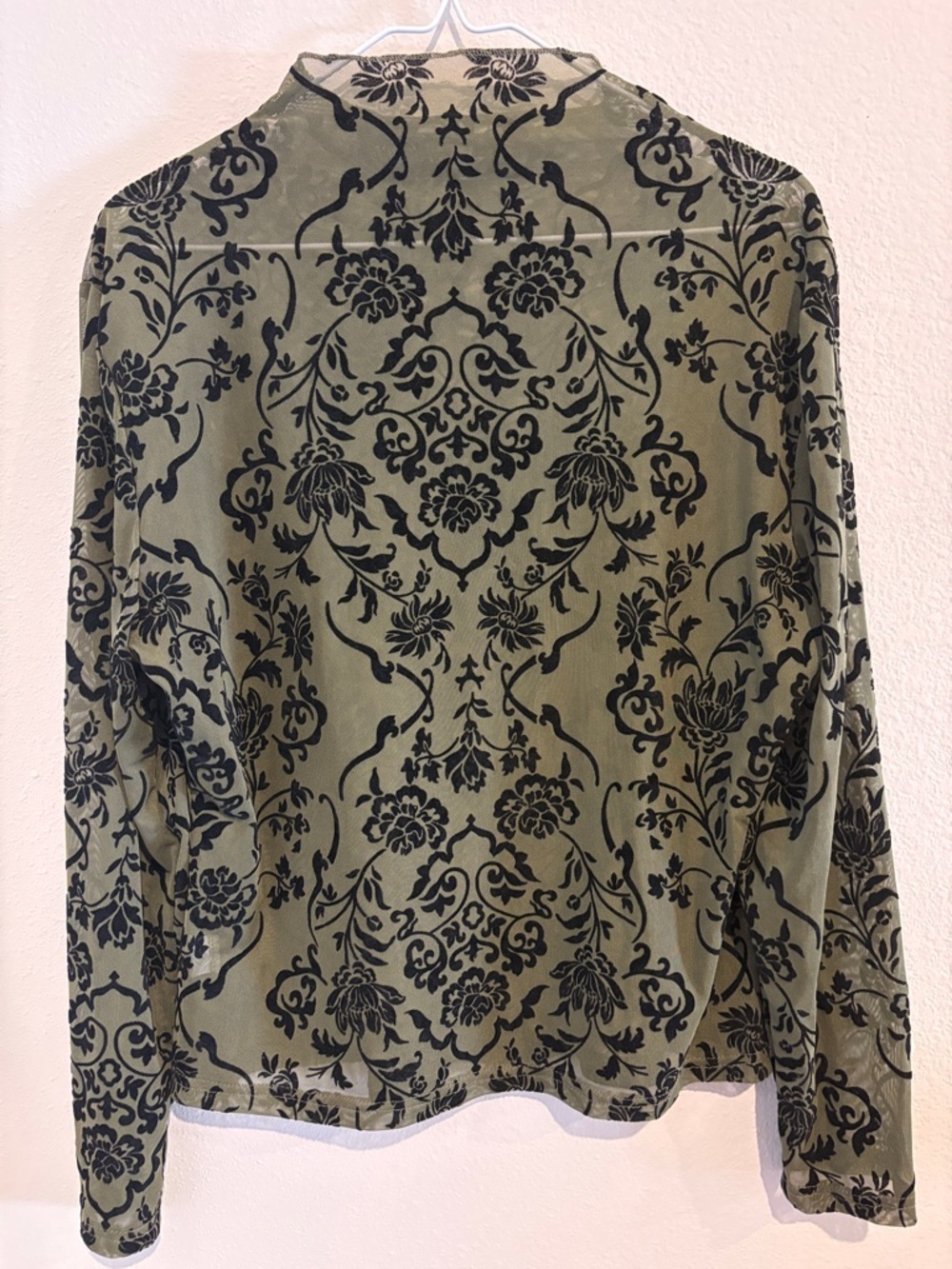 Floral Patterned green mesh and black velvet sheer Long Sleeve Top